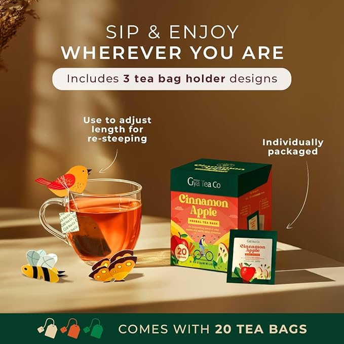 Gya Tea Co Cinnamon Apple Herbal Tea Bags (20 Bags) - Caffeine Free with a Tangy Flavor for All Day Comfort, Calming, Relaxing & Nourishing - Fruit & Herbal Blends