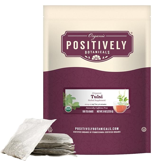 Organic Positively Botanicals Company, Tulsi Leaf Herbal Tea Bags, 100 Count, Eco-Friendly Tea Bags, Non-GMO