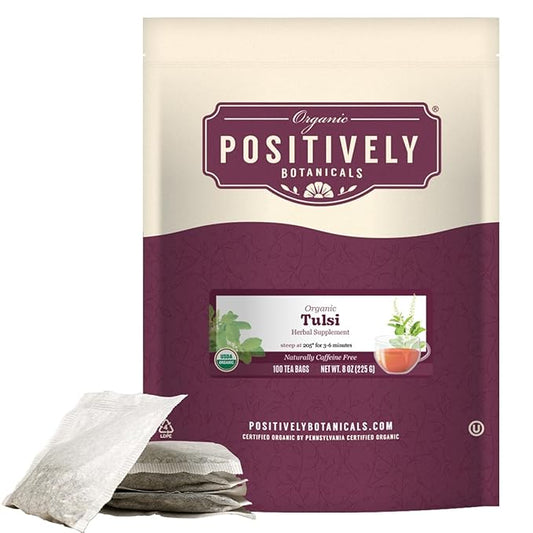 Organic Positively Botanicals Company, Tulsi Leaf Herbal Tea Bags, 100 Count, Eco-Friendly Tea Bags, Non-GMO