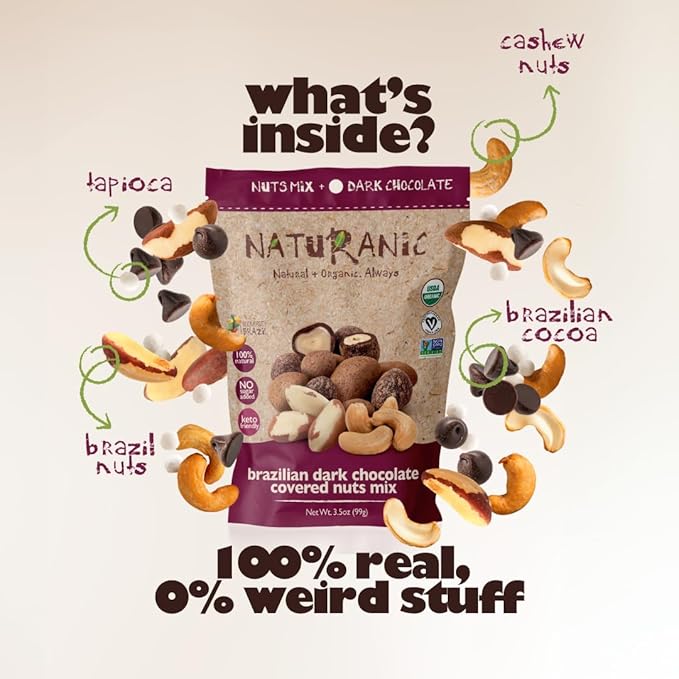 Naturanic Brazilian Dark Chocolate Covered Nuts Snack, No sugar, Keto friendly, Net Carb Zero, All NAtural, Organic, Vegan - Pack of 2