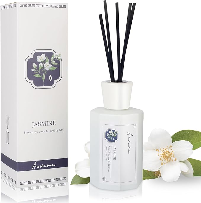 Reed Diffuser Set, 6.76 fl oz Jasmine Scented Oil Diffuser, Home Fragrance with Reed Sticks for Bedroom, Office, Bathroom Shelf Decor & Gifts