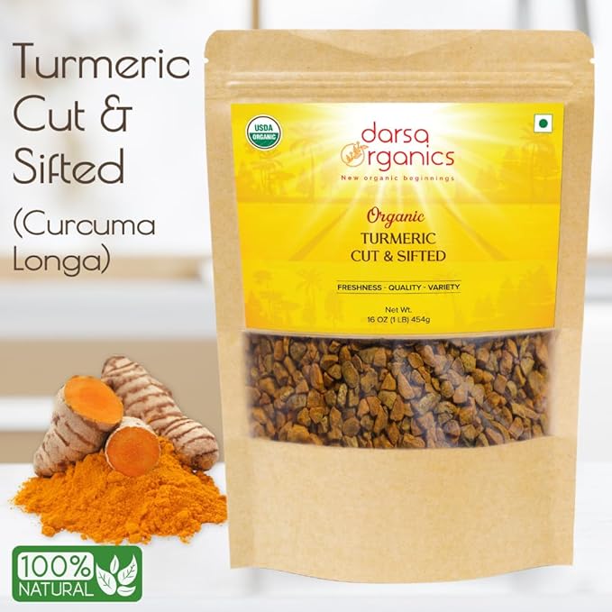 Darsa Organics Turmeric Root (Cut & Sifted) 16 oz, Premium Grade USDA Organic Curcuma longa, Great for Teas, Smoothies, Pickling & Golden Milk, Non-GMO, Gluten-Free, Vegan, Kosher