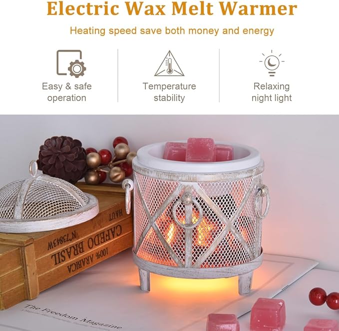 Dicimi Rustic Electric Wax Warmer, Fireplace Style Candle Warmer with Timer, 4-in-1 Wax Melt Warmer for Scented Wax/Oils/Wax Melts, Auto Shut-Off, Energy Efficient Home Decor Gift Idea