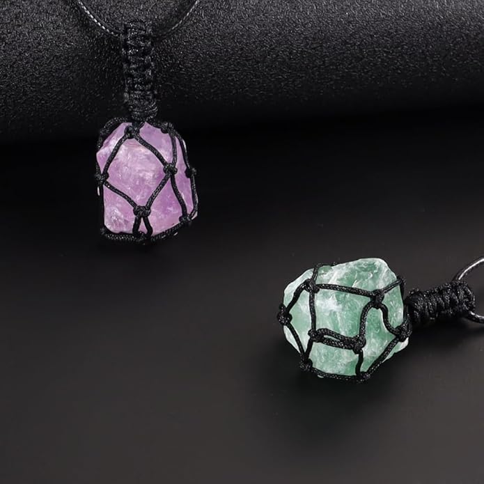 Handmade Natural Gemstone Crystal Pendant Necklace Stone Holder Necklace Cord Net Necklace with Adjustable Length for Women Men