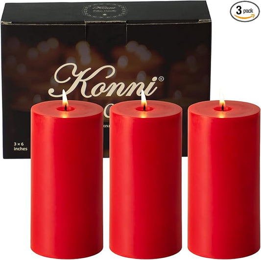 KONNI Red Pillar Candles Set of 3, 3"x 6" Unscented Pillar Candles Bulk, 56 Hours Long Burning Candles, Smokeless and Dripless Large Round Candle for Wedding, Home Decoration, Parties, Spas, Dinner