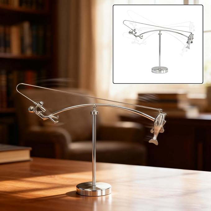 Fisherman Balancing Sculpture - Kinetic Fishing Sculpture with Perpetual Motion, Unique Kinetic Art & Balance Art, Cool Desk Gadgets for Home Decor and Office Decor