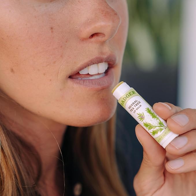 Badger Tea Tree Classic Lip Balm, 100% Organic Lip Balm, Moisturizing Herbal Lip Care w/Light Silky Texture, Soothing & Refreshing Lip Care for Irritated or Chapped Lips, 4 Pack