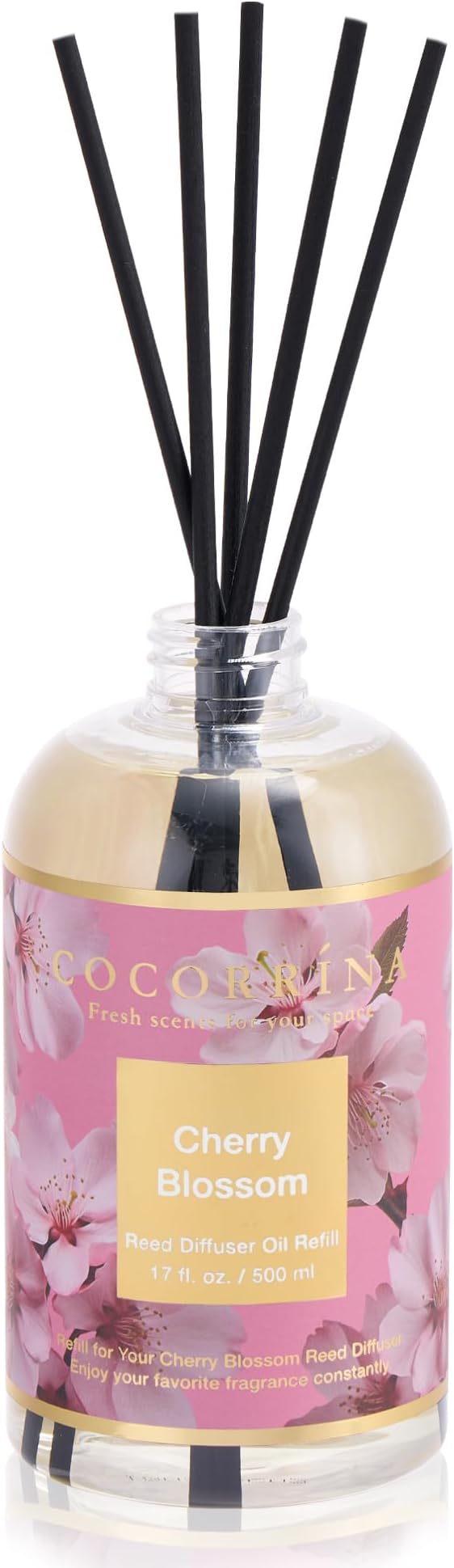 Cocorrína Reed Diffuser Refill Cherry Blossom 17oz (500ml) with 8 Sticks - Premium Long-Lasting Scented Oil, Home Fragrance for Bedroom, Bathroom Home Decor