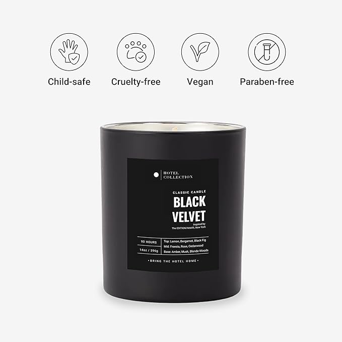 Hotel Collection - Black Velvet Single Wick Classic Candle - Hotel Inpsired Luxury Candle - 90 - Hours Burn Time - Hints of Blonde Woods, Rose, and Black Fig - 14 oz - Black