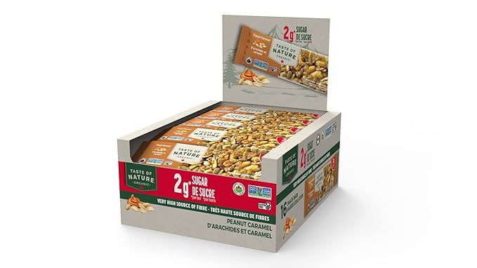 Taste of Nature - Organic 2g Sugar Peanut Caramel - Low Sugar Snack and Breakfast Bar, High Fiber Energy Bar - 16 Count Snack Pack