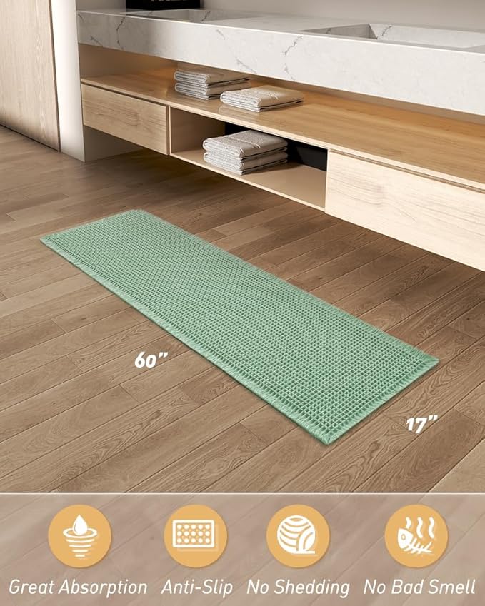 AMOAMI Upgraded Waffle Runner Rug Super Absorbent Non Slip Bath Mats for Bathroom Machine Washable Bathroom Runner Rug with Tassels, Ideal for Hallway Bedroom Laundry Room, 17" x 60", Sage