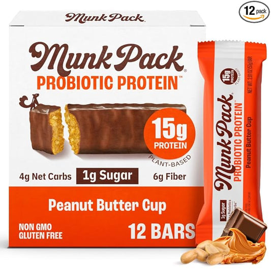Munk Pack 15g Probiotic Keto Protein Bars - Low Sugar, High Protein -1g Sugar, 4g Net Carbs. Vegan + Plant Based Gut Health. Low Carb Healthy Snack Bar. Peanut Butter Cup- 12 Count