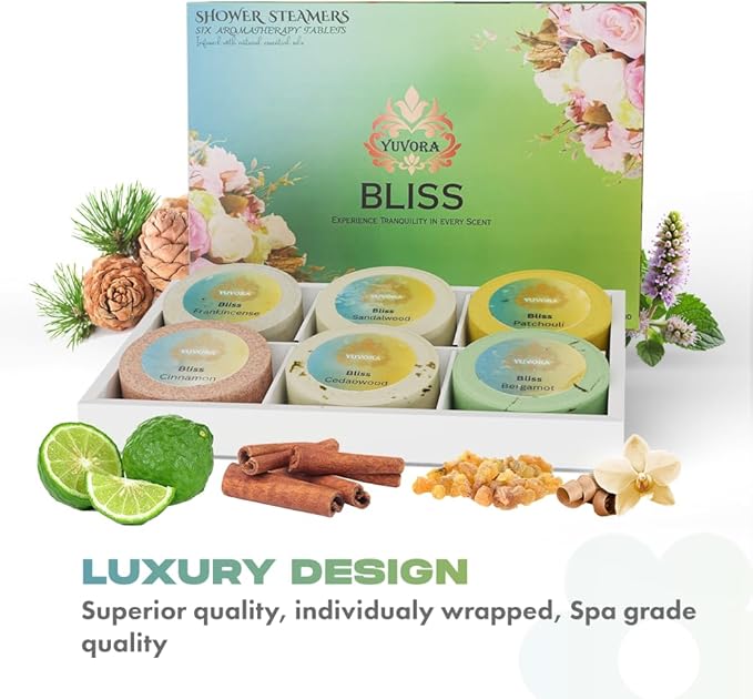 Shower Steamers Gift Set – 6 Aromatherapy Shower Bombs with Essential Oils – Natural Spa Fizzies for Women & Men – Self-Care Kit for Relaxation, Stress Relief & Home Spa – Bliss Collection