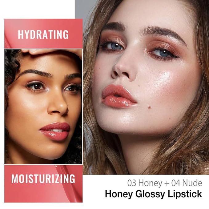 Kaely 2Pcs Honey Glossy Lipstick for Women, Honey & Nude Moisturizing Shine Lipstick for Dry Lips, Hydrating Nourishing Tinted Lip Balm, Sheer Lightweight Lip Gloss Stain Makeup, Vegan, 03+04