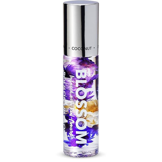 Blossom Roll on Lip Gloss, Scented Clear High Shine Moisturizing Lip Oil, Non Sticky, Infused with Real Flowers, Made in USA, 0.2oz, Coconut