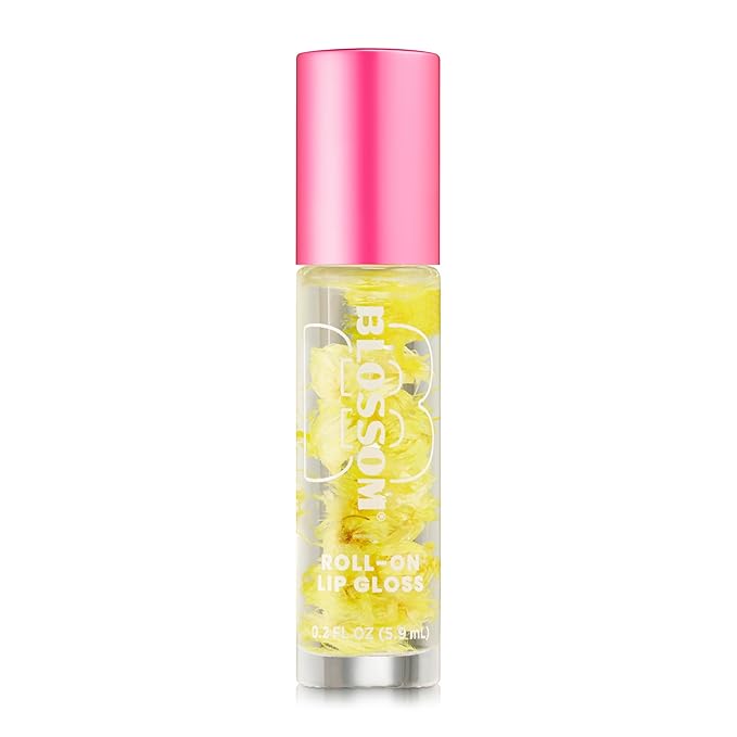 Blossom Roll on Lip Gloss, Gourmand Scented Clear High Shine Moisturizing Lip Oil, Non Sticky, Infused with Real Flowers, Made in USA, 0.2oz, Glazed Donut