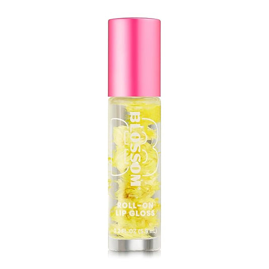 Blossom Roll on Lip Gloss, Gourmand Scented Clear High Shine Moisturizing Lip Oil, Non Sticky, Infused with Real Flowers, Made in USA, 0.2oz, Glazed Donut