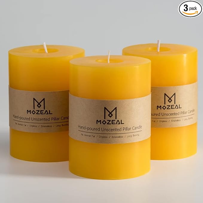 MOZEAL 3" x 4" Hand-Poured Unscented Candle,Dripless Pillar Candle Set of 3,Long Clean Burning,Approx 72 Hours Burn Time,Rustic Country Style,Wedding,Dinner,Christmas and Home Decor,Yellow