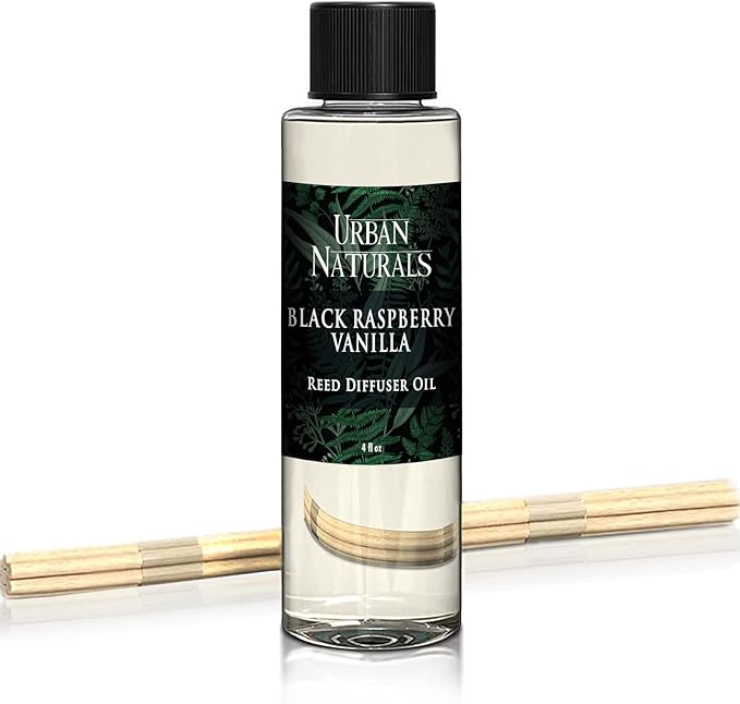 Urban Naturals Reed Diffuser Oil Refill, Black Raspberry Vanilla Oil for Diffuser with Orchid, Amber, Sandalwood, 4 oz + Free Reed Sticks, Made in The USA