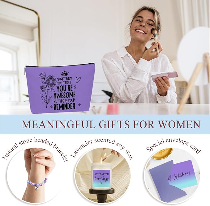 Encourangement Inspirational Birthday Gifts for Women, Friendship Thank You Gifts for Women, Mom Friends Sister Christmas Wine Tumbler Makeup Bag Scented Candle Bracelet Basket