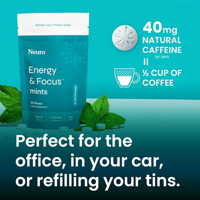 Neuro Energy Caffeine Mints (72 Pieces) - Sugar Free with L-theanine + Natural Caffeine + Vitamin B12 & B6 - Nootropic Energy & Focus Supplement for Women & Men - Keto & Vegan, Wintergreen Flavor
