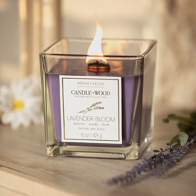 Candle Wood Collection, 15 oz, 1 Wooden Wick, Lavender Bloom, Square Glass Jar Candle
