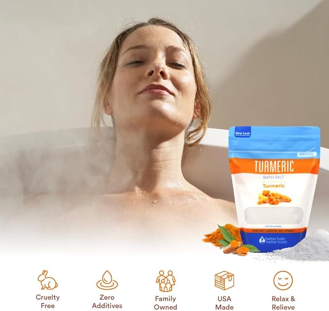 Turmeric Bath Salt 32 Oz Epsom Salt with Essential Oils Turmeric, Cinnamon, Orange Plus Vitamin C in BPA-Free Pouch with Easy Press-Lock Zipper | Natural Bath Soak to Relieve & Soothe | Made in USA