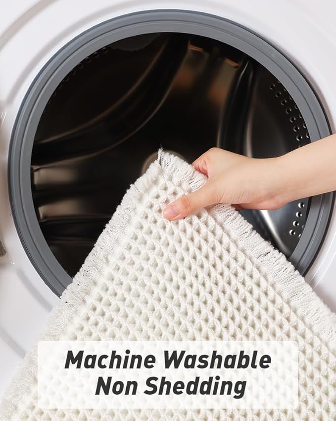 AMOAMI Waffle Runner Rug Super Absorbent Non Slip Bath Mats for Bathroom Floor, Machine Washable Boho Bathroom Runner Rug with Tassels, Ideal for Hallway Bedroom Laundry Room, 2' x 5'