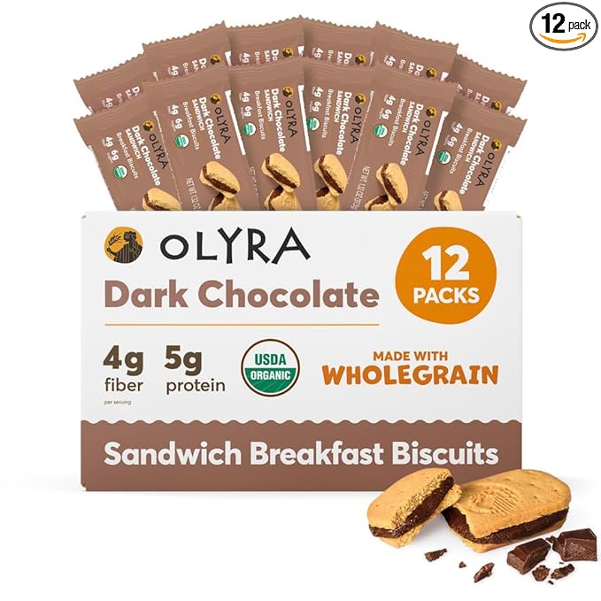 Olyra Dark Chocolate Sandwich Breakfast Biscuits, Healthy Snacks for Kids and Adults, Low Sugar, High Fiber Cookies, Organic Kids Snacks, with Ancient Greek Grains, USDA Certified Organic, Non GMO, 12 Packs