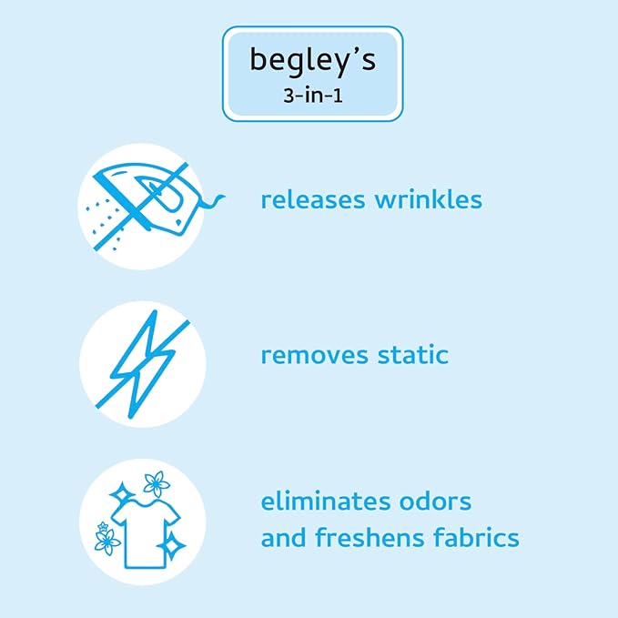 Begley's 3-in-1 Wrinkle Remover, Quick Fix Wrinkle Release, Static Cling Remover, Odor Eliminator and Fabric Refresher Spray - USDA Certified Biobased - Lavender, 16 oz