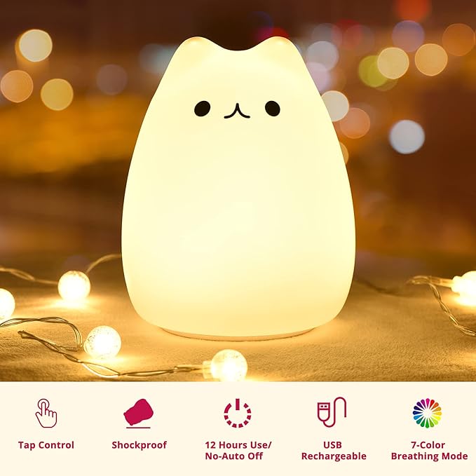 GoLine Cat Lamp, Cute Kitty Night Light, Gifts for Women Teen Girls Baby, Night Lights for Kids Bedroom, Cute Christmas Kitty Silicone Nightlights for Children Toddler.