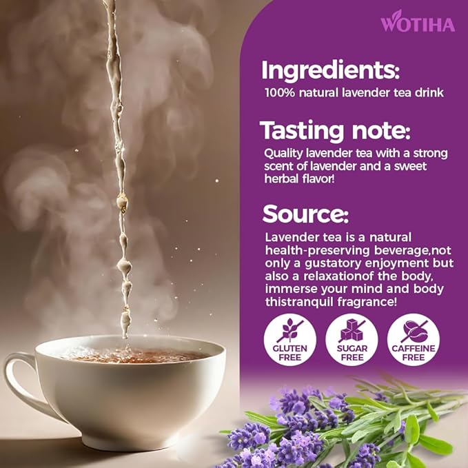 WOTIHA-Natural Lavender tea bags 90g. 60 Herbal Tea Bags.for Sleep & Wellness Relaxation Tea. Non-GMO • Additive-Free • Caffeine-Free