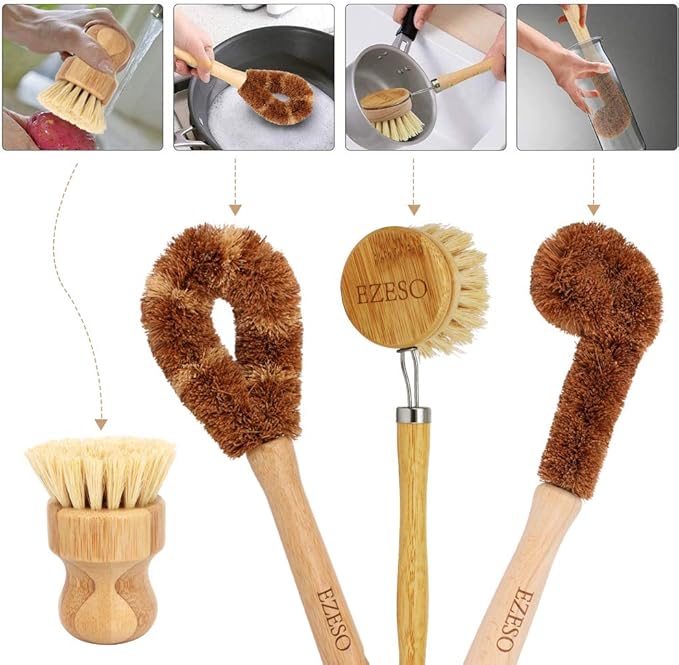 Ezeso Natural Bamboo Dish Scrub Brush Set 4 Piece, Wooden Pot & Bottle Brush