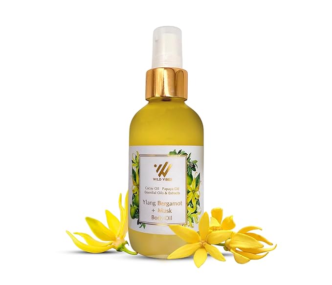 Wild Vibes Ylang Bergamot + Musk Luxury Body Oil – Organic, After Shower for Women with Tropical Oils, Anti-Aging and Hydrating Formula for Smooth, Radiant Skin – 4 oz