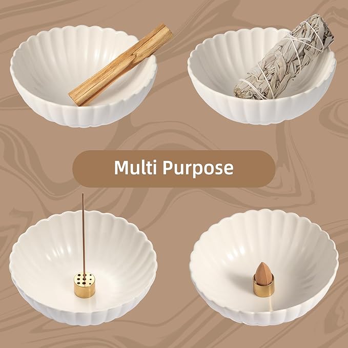 Incense Holder for Sticks, Ceramic Smudge Bowl Ash Catcher for Incense, Cones, Sage and Palo Santo, Incense Burner Holder Ideal for Smudging, Incense Burning, Decoration (White)