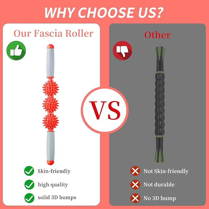 Fascia Muscle Roller, Cellulite Massager Fascia Roller for Cellulite and Sore Muscles, Neck, Leg, Back, Pressure Trigger Point Body Roller Deep Tissue Massage Stick Tools - 3 Massage Balls | Red