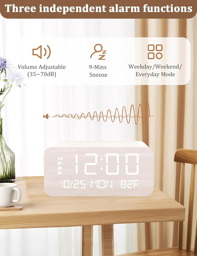 Digital Alarm Clock, with Wooden Electronic LED Time Display, 3 Alarm Settings, Humidity & Temperature Detect, Wood Made Electric Clocks for Bedroom, Bedside, Desk (White-Wireless)