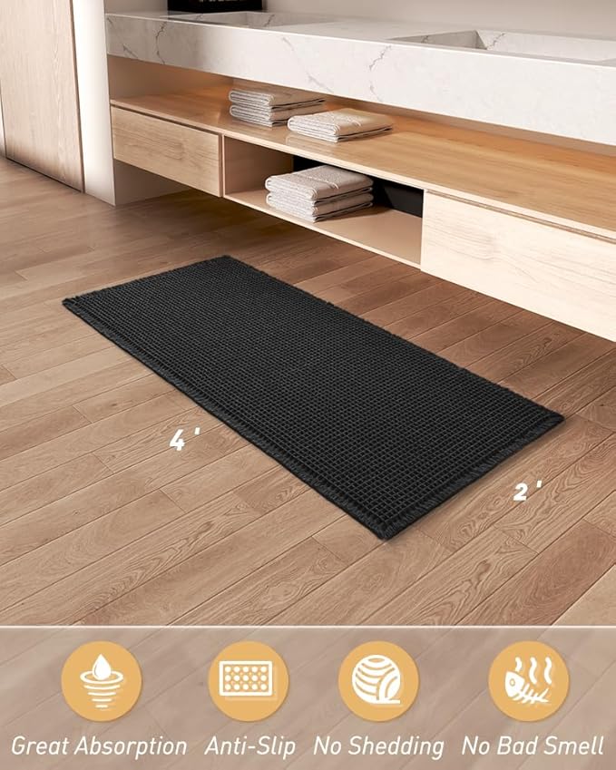 AMOAMI Upgraded Waffle Runner Rug Super Absorbent Non Slip Bath Mats for Bathroom Machine Washable Bathroom Runner Rug with Tassels, Ideal for Hallway Bedroom Laundry Room, 2'x 4'(24" x 48"), Black