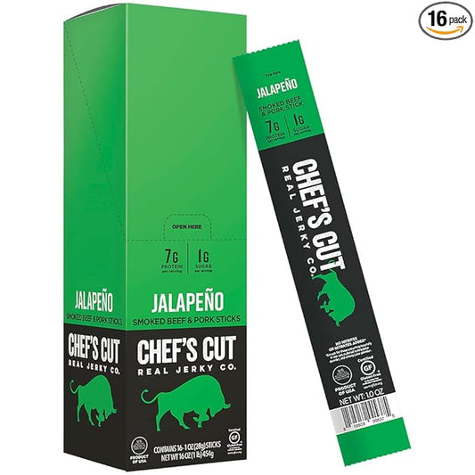Chef's Cut Pork & Beef Snack Sticks, Jalapeno, High Protein Meat Snack, Individually Wrapped, 8g Protein and 120 Calories, Gluten Free - 1 Ounce (Pack of 16)
