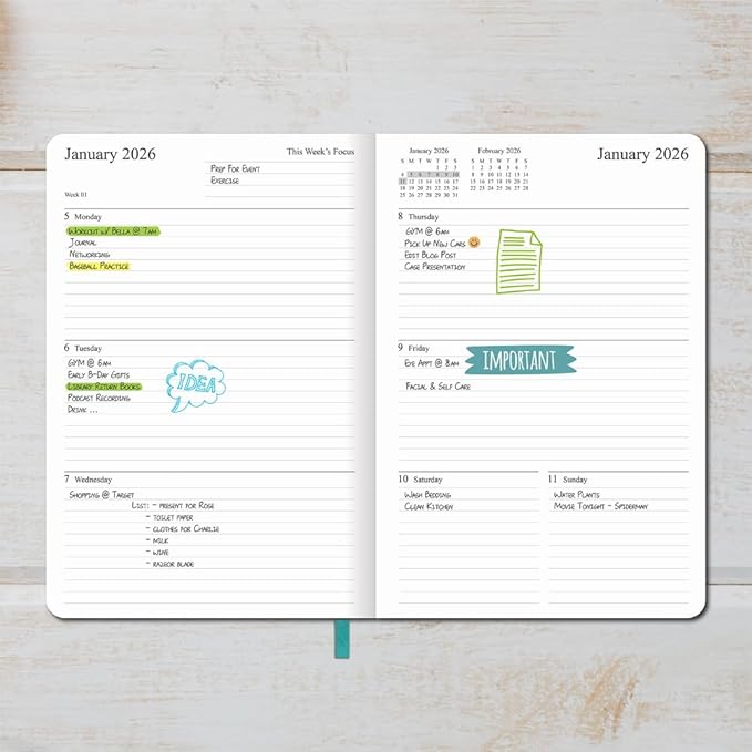 2025-2026 Planner - Weekly and Monthly Planner, Oct 2025 - Dec 2026, Holidays, Contacts and Notes Pages, Vegan Leather Cover, Elastic Closure, 5.5”x8.25”, Teal
