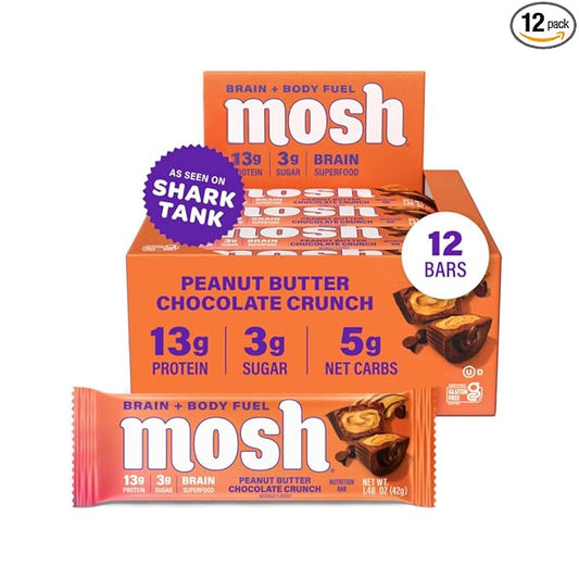 MOSH Peanut Butter Chocolate Keto Protein Bars, High Fiber, Low Carb, Gluten Free, High Protein, Brain Healthy Snack, 12 Count