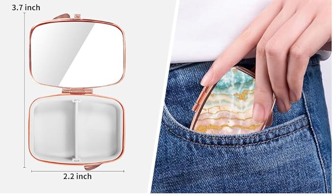 Dynippy Pill Case Pill Box with Mirror Retro Pocket 2 Compartment Medicine Case Vitamin Pill Organizer for Pocket Purse and Travel - Rose Gold-Marble Veins