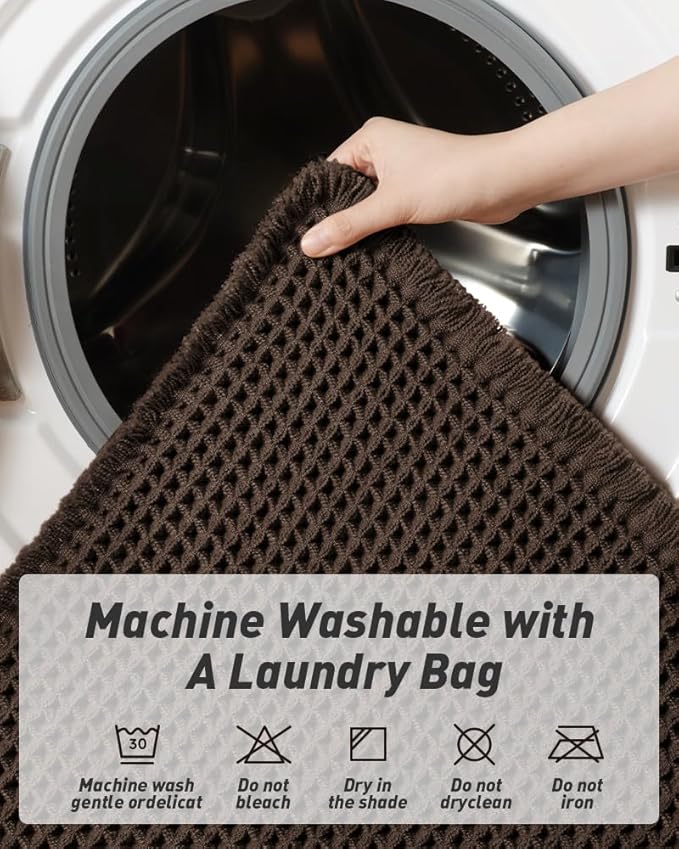 AMOAMI Upgraded Waffle Runner Rug Super Absorbent Non Slip Bath Mats for Bathroom Machine Washable Bathroom Runner Rug with Tassels, Ideal for Hallway Bedroom Laundry Room, Chocolate, 17" x 48"