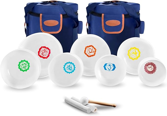 Kresec 432Hz 6-12 Inch Chakra Tuned Quartz Crystal Singing Bowl Set of 7 Multicolored Sound Healing Bowls for Meditation, Yoga & Reiki with Padded Case, Suede Mallets & O-Ring 7 Chakra Colors