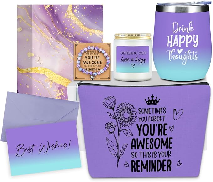 Encourangement Inspirational Birthday Gifts for Women, Friendship Thank You Gifts for Women, Mom Friends Sister Christmas Wine Tumbler Makeup Bag Scented Candle Bracelet Basket