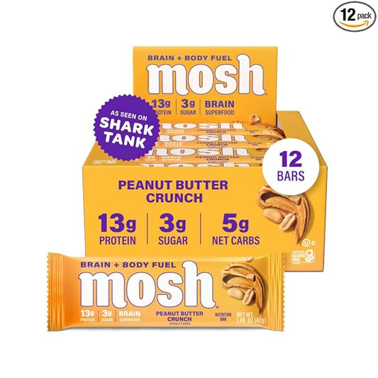 MOSH Peanut Butter Crunch Keto Protein Bars, High Fiber, Low Carb, Gluten Free, High Protein, Brain Healthy Snack, 12 Count