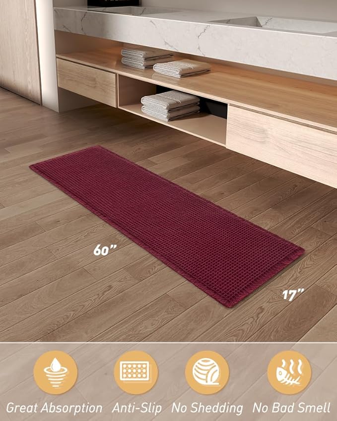 AMOAMI Upgraded Waffle Runner Rug Super Absorbent Non Slip Bath Mats for Bathroom Machine Washable Bathroom Runner Rug with Tassels, Ideal for Hallway Bedroom Laundry Room, 17" x 60", Burgundy