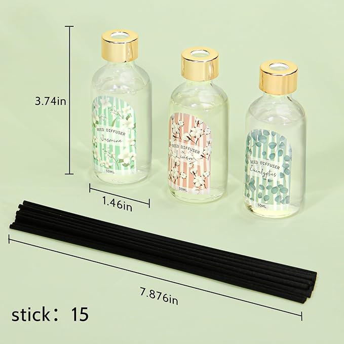 Reed Diffuser of 3 Pack, Linen Eucalyptus Jasmine Oil Diffuser Set with 15 Sticks, Bathroom Air Freshener, Aromatherapy Reed Diffusers for Home, Office, 1.7 Fl. Oz Each, Total 5.1 Fl. Oz