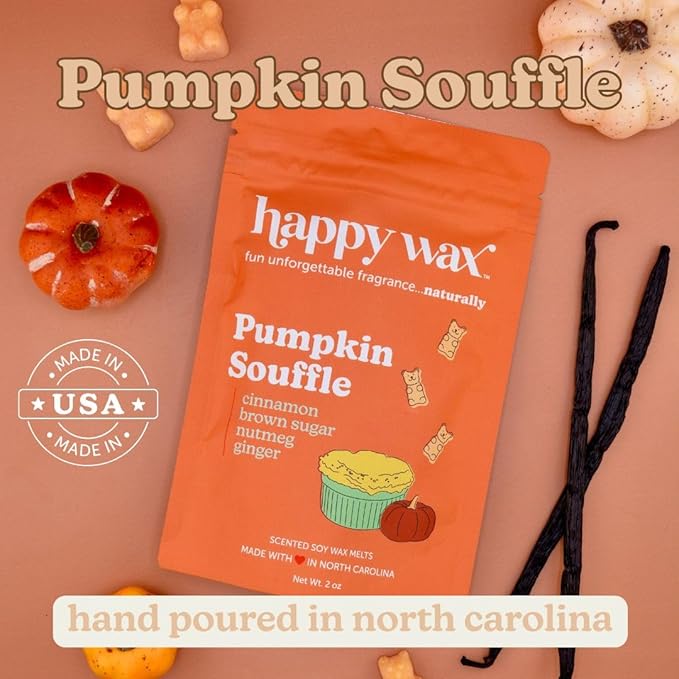 Happy Wax Pumpkin Souffle Scented Bear Wax Melts - Natural Strong Fall Scented Infused with Essential Oils - Non Toxic - for use with Warmers (8 oz Pouch)