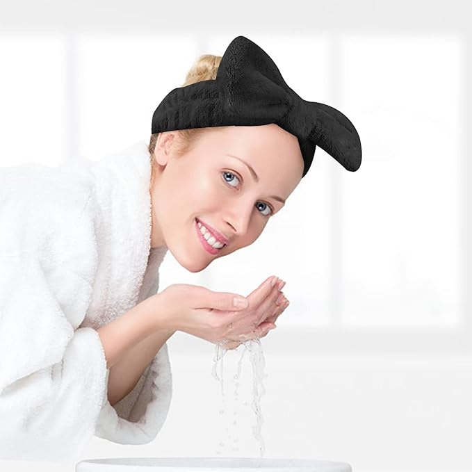 Casoty 6 Pcs Black Spa Headband, Bow Hair Band, Hair Band for Washing Face, Fuzzy Headbands for Women Girls, Soft Coral Fleece Skincare Headbands for Face Washing Shower Yoga